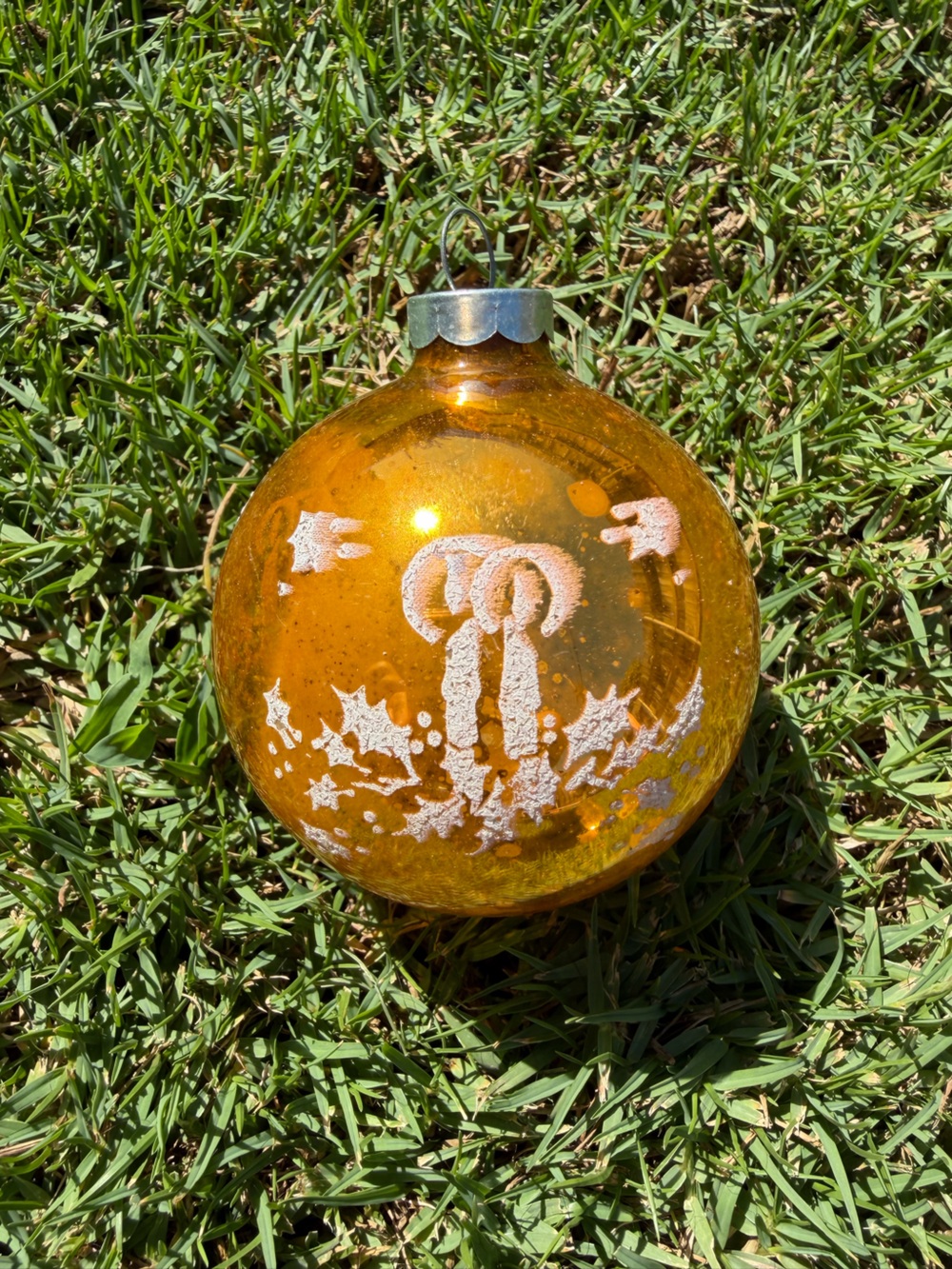 VTG Gold Mercury Glass Stenciled Christmas Ornament Candlesticks Holly Leaves 3”